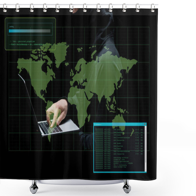 Personality  Cropped View Of Hacker In Hood Using Laptop Near World Map On Black  Shower Curtains
