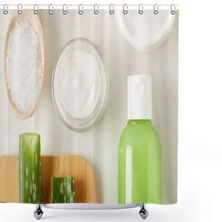 Personality  Top View Of Organic Cream And Shower Gel, Wooden Spoon With Salt And Aloe Vera Leaves On Cutting Board On Marble Table  Shower Curtains