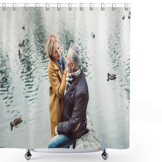Personality  Happy Mature Couple Hugging Near Lake  Shower Curtains