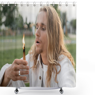Personality  Long Haired Man In White Clothes Blowing At Burning Palo Santo Stick Shower Curtains