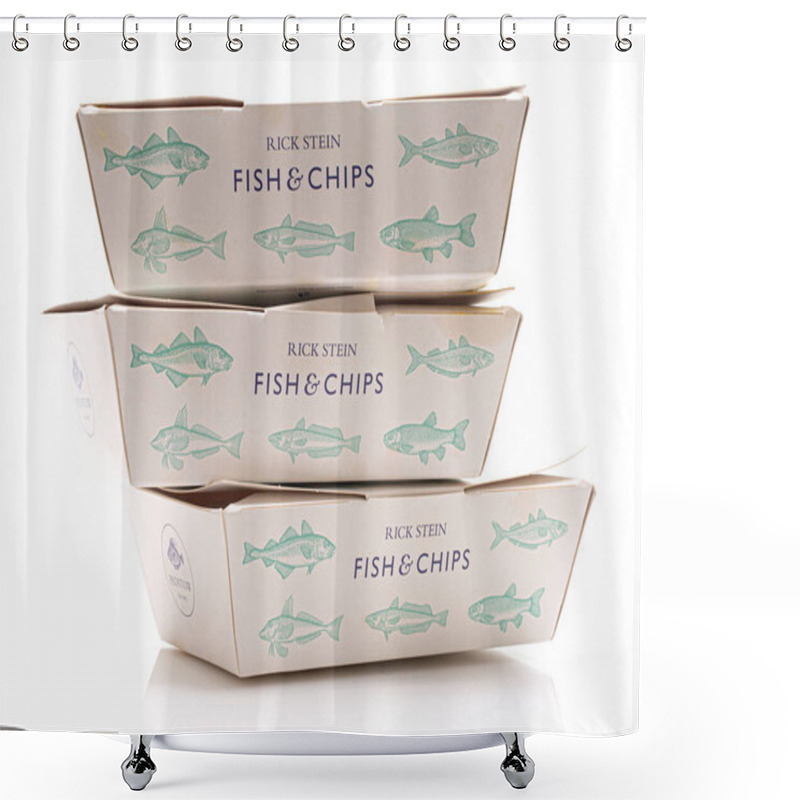 Personality  SWINDON, UK - JANUARY 2, 2021: 3 Used Fish & Chip Take A Way Boxes From Rick Steins Restaurant Shower Curtains