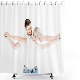Personality  Wonderful Couple Holding Broudly Outstreched Hands Isolated On White Shower Curtains