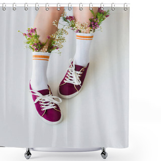 Personality  Cropped Shot Of Girl With Beautiful Flowers In Socks Isolated On Grey Shower Curtains