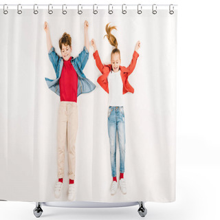 Personality  Top View Of Cheerful Kids With Hands Above Head Lying On White  Shower Curtains