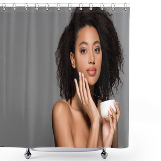 Personality  Naked African American Girl Applying Face Cream, Isolated On Grey Shower Curtains