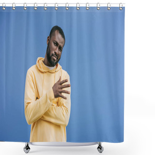 Personality  Skeptical Young African American Man Gesturing By Hand Isolated On Blue Background Shower Curtains