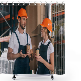 Personality  Two Warehouse Workers Talking While Holding Coffee To Go Shower Curtains
