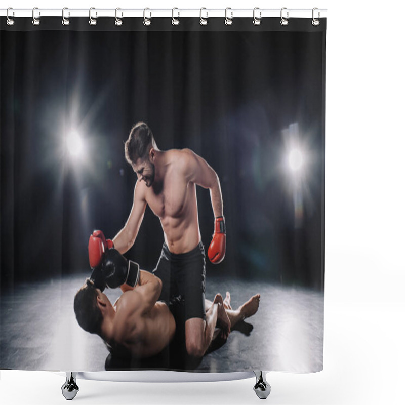 Personality  Strong Mma Fighter In Boxing Gloves Punching Opponent While Sportsman Lying On Floor Shower Curtains