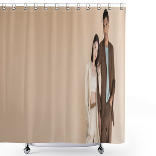 Personality  Young Interracial Couple In Trendy Suits Standing With Hands In Pockets Isolated On Beige, Banner Shower Curtains