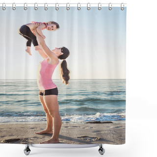Personality  Family Workout - Mother And Daughter Doing Exercises On Beach. Shower Curtains