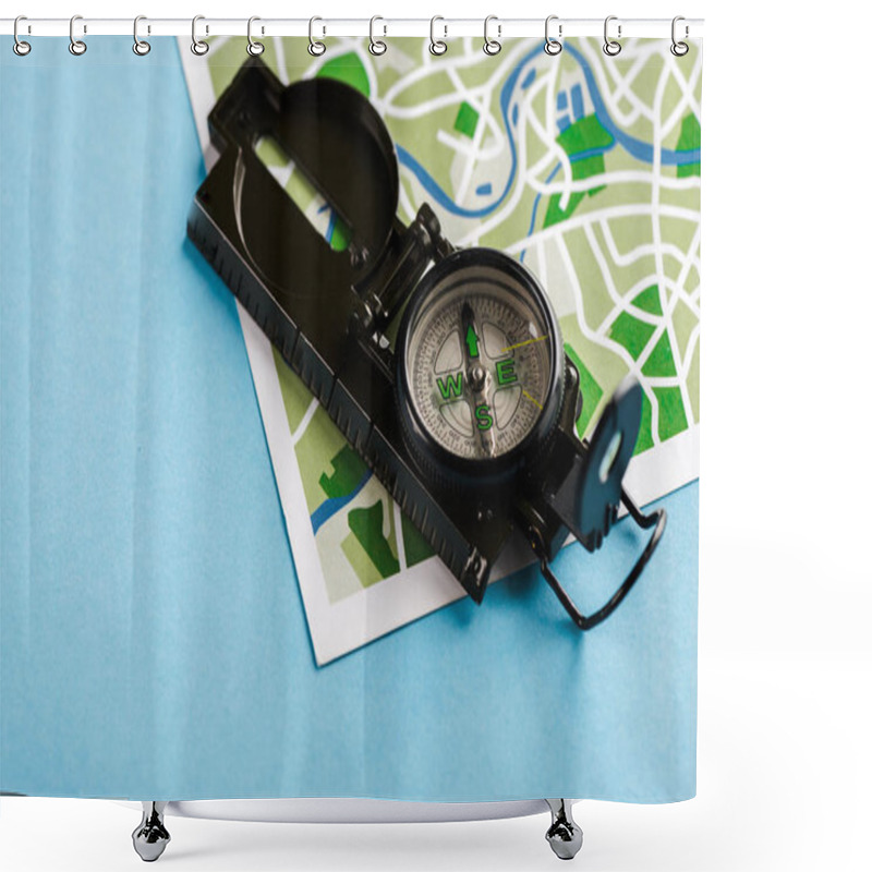 Personality  retro and black compass on map on blue  shower curtains