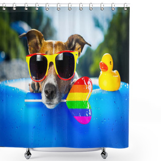 Personality  Jack Russell Dog On  Blue Air Mattress In Gay Pride In Summer Vacation At The Beach Or River   In Water Refreshing Rainbow Candy Stick Or Lollipop Shower Curtains