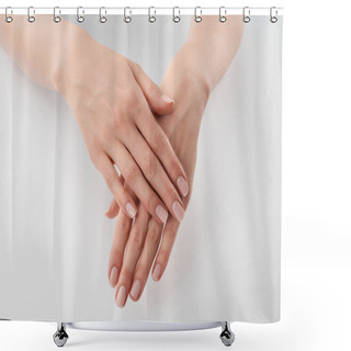 Personality  Partial View Of Female Well-cared Clanched Hands On White Background  Shower Curtains