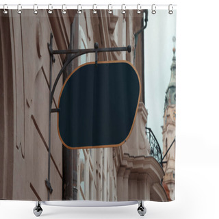 Personality  Blank Antique Black Store Signboard Mock Up. Empty Shop Signage Template On Ancient Wall In European Town. Street Sign Shower Curtains