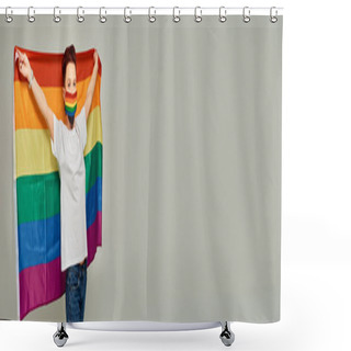 Personality  Redhead Queer Model In Rainbow Colors Medical Mask Holding LGBT Flag On Grey, Horizontal Banner Shower Curtains