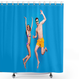Personality  Full Length Portrait Of A Joyful Young Woman And Happy Man In Sunglasses, Dressed In Swimsuit, Jumping And Putting Hands Up Over Blue Background Shower Curtains
