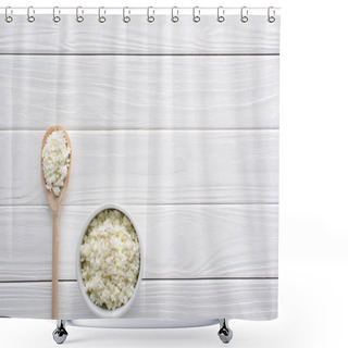 Personality  Fresh Healthy Cottage Cheese In Bowl And Wooden Spoon On Table  Shower Curtains
