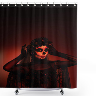 Personality  Woman In Santa Muerte Traditional Costume Adjusting Wreath On Burgundy Background With Red Lighting  Shower Curtains