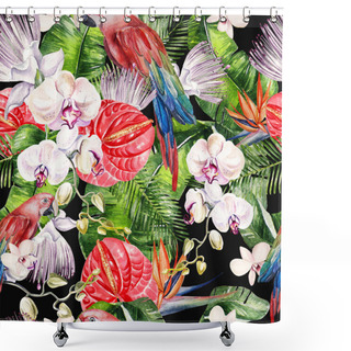 Personality  Beautiful Watercolor Seamless, Tropical Jungle Floral Pattern Background With Palm Leaves, Flower Of Roses, Capers, Antharium, Strelitzia And Parrots.  Shower Curtains