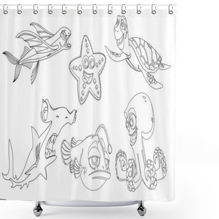 Personality  A Set Of Underwater Inhabitants In A Linear Style For Printing And Coloring. Vector Clipart. Shower Curtains