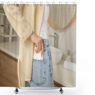 Personality  Woman Putting Disposable Menstrual Pad Into Pocket In Bathroom, Closeup Shower Curtains