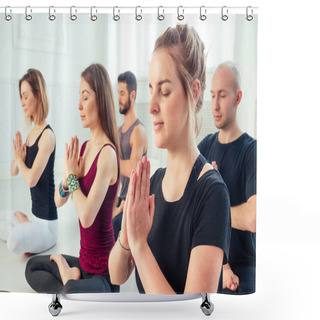 Personality  A Happy Group Of People From Men And Women Practicing Yoga In The Studio. Groups Of Meditation And Communication Yoga Class. The Concept Of Group Meditation And Teamwork. The Concept Of Anti-stress Shower Curtains