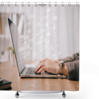 Personality  Cropped View Of Businesswoman Working And Typing On Laptop With Sending E-mails Icons Shower Curtains