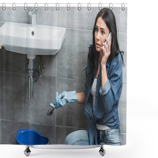 Personality  Worried Woman Talking On Smartphone And Holding Wrench Shower Curtains