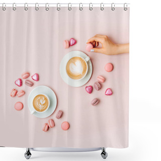 Personality  Woman's Hands  Holding Cup Of Coffee On Pale Pink Background.   Flat Lay, Top View Shower Curtains