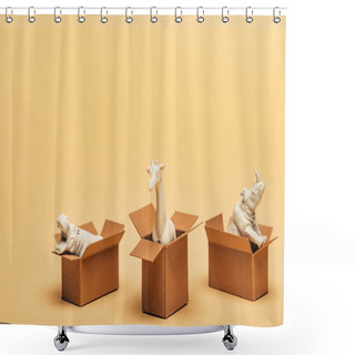 Personality  White Toy Hippopotamus, Rhinoceros And Giraffe In Cardboard Boxes On Yellow Background, Animal Welfare Concept Shower Curtains