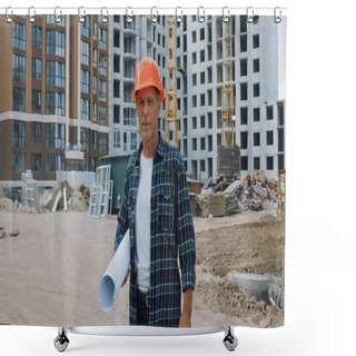 Personality  Middle Aged Builder Holding Blueprint And Standing On Construction Site Shower Curtains