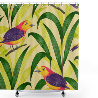 Personality  Seamless Pattern With Tropical Birds And Plants. Exotic Flora And Fauna. Vintage Hand Drawn Vector Illustration In Watercolor Style Shower Curtains