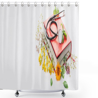 Personality  Panoramic Shot Of Herbs In Book With Stethoscope On White Background, Naturopathy Concept Shower Curtains