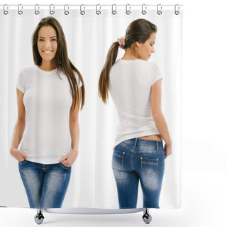 Personality  Sexy Woman Posing With Blank White Shirt Shower Curtains