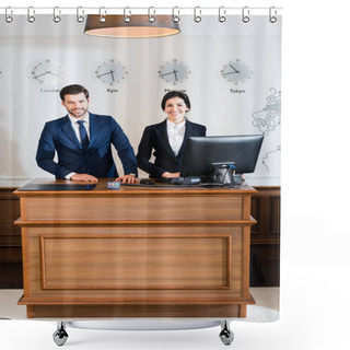 Personality  Cheerful Receptionists In Formal Wear Standing At Reception Desk  Shower Curtains