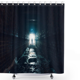 Personality  Silhouette Of Man Standing In Dark Underground Corridor. Light At End Of Tunnel Concept Shower Curtains