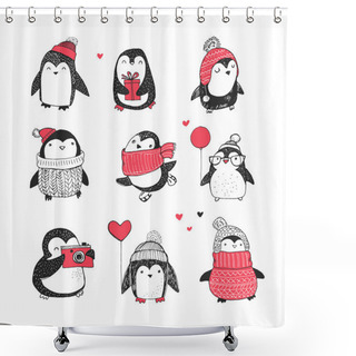 Personality  Cute Hand Drawn Penguins Set - Merry Christmas Greetings Shower Curtains