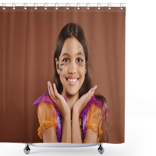 Personality  Cheerful Girl In Halloween Costume And Spiderweb Makeup Gesturing On Brown Backdrop, Trick Or Treat Shower Curtains