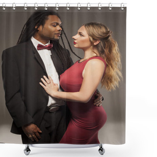 Personality  Cute Young Mixed Couple Against Black Shower Curtains