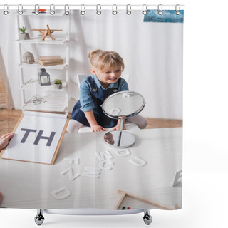 Personality  Schoolgirl Talking Near Mirror And Speech Therapist With Clipboard In Classroom  Shower Curtains