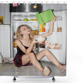 Personality  Sexy Blonde Girl In Velour Dress Pouring Cornflakes From Pack Into Bowl While Sitting On Floor Near Opened Fridge Shower Curtains
