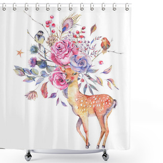 Personality  Watercolor Floral Greeting Card With Cute Deer Shower Curtains