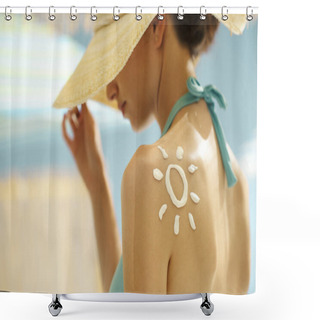 Personality  Woman Tanning At The Beach With Sunscreen Cream Shower Curtains