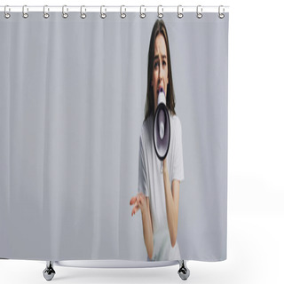 Personality  Young Pretty Woman Screaming In Loudspeaker Isolated On Grey, Panoramic Shot Shower Curtains