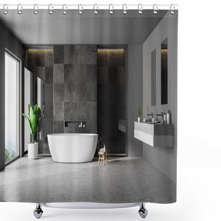 Personality  Modern Bathroom Interior With Black Tile Walls, Concrete Floor, White Bathtub And Double Sink. Loft Window. 3d Rendering Shower Curtains