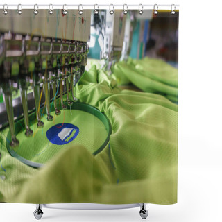 Personality  Embroidery Machine Needle In Textile Industry At Garment Manufacturers, Embroidery T-shirt In Progress , Embroidery Needle, Needle With Thread (selective Focus And Soft Focus) Shower Curtains