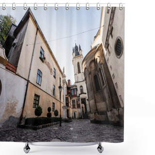Personality  Street With Old Houses Leading To Carmelite Church In Lviv, Ukraine Shower Curtains