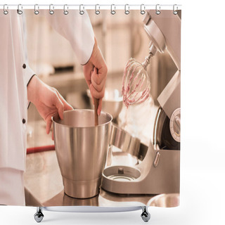 Personality  Partial View Of Confectioner Making Cream For Dessert In Restaurant Kitchen Shower Curtains