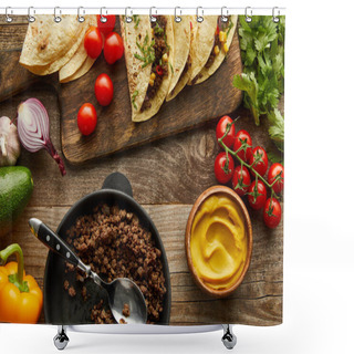 Personality  Top View Of Delicious Tacos With Minced Meat On Cutting Board And Ingredients On Wooden Background Shower Curtains
