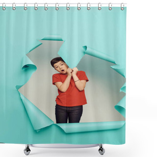 Personality  Shocked Asian Preteen Boy Red T-shirt Looking At Camera And Touching Hole In Blue Paper While Celebrating Child Protection Day On White Background Shower Curtains